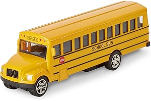 Playbees Long-Nose School Bus Die Cast Metal Model Toy Car 6 Inches with Pullback Action Durable Pull Back Car Door Opening & Closing Realistic School Bus - Great for Gifts, Birthdays, Boys & Girls