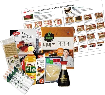 Set Ingredienti E Strumenti Per Sushi Manuale Sushi Alghe Nori Aceto Di Riso Salsa Di Soia Wasabi Zenzero Per Sushi Riso Per Sushi Stuoia Bambu Per Sushi Bacchette Sushi Amazon It Elettronica