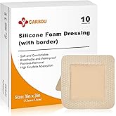 Carbou Silicone Foam Dressing with Adhesive Gentle Border,3"x3" Waterproof Wound Dressing Bandage,High Absorbency Pad, Foam Bandage for Wound Care 10 Pack