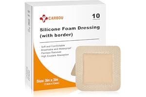Carbou Silicone Foam Dressing with Adhesive Gentle Border,3"x3" Waterproof Wound Dressing Bandage,High Absorbency Pad, Foam Bandage for Wound Care 10 Pack