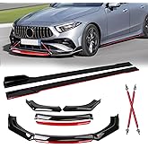 TOMICOB Front Bumper Lip Chin Spoiler Splitter Diffuser, Glossy Black w/Red | 4Pcs Air Dams Fit 72.2" Width Cars, 6Pcs 78.7" Side Skirts Extension Rocker Panels, 2Pcs Adjustable 8-11" Splitter Rods