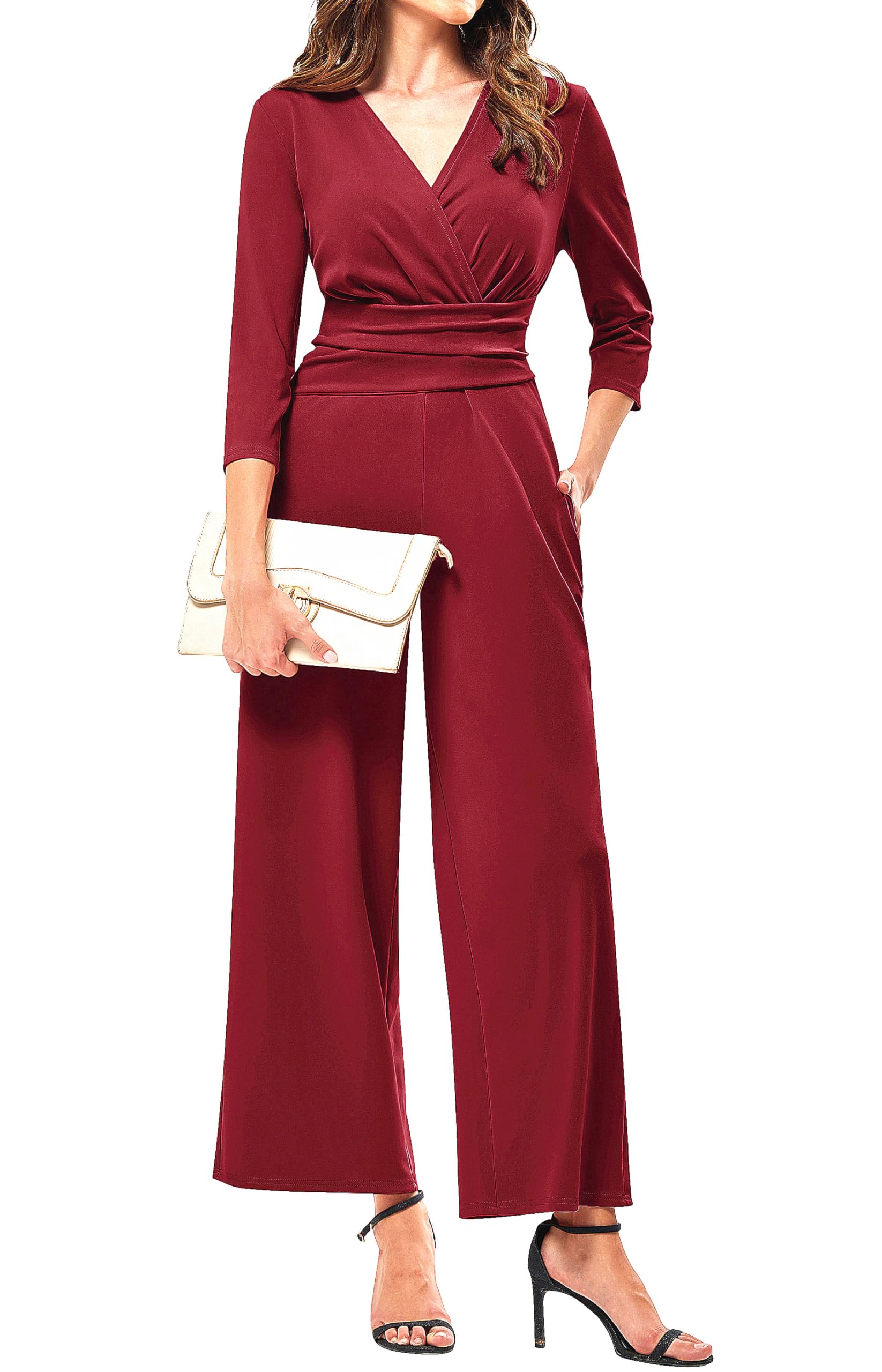 Photo 1 of JASAMBAC Women's Fall Jumpsuit V Neck Formal Pleated High Waist Casual Wide Leg Romper Casual Dressy Palazzo Pants With Pockets
