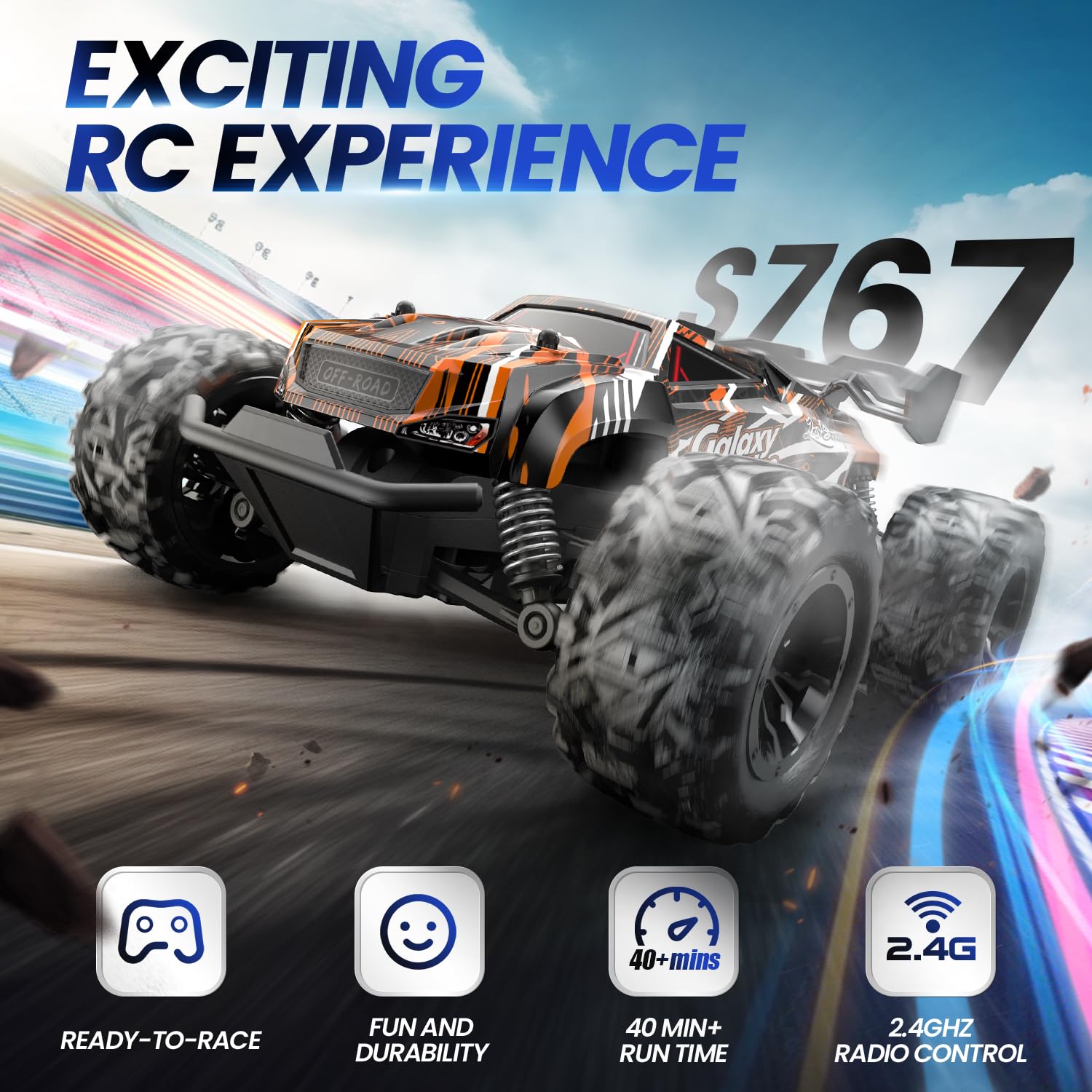 DEERC Ferngesteuertes Auto, 2.4Ghz Leuchtende RC Autos mit 2 wiederaufladbaren Batterien für 40 Minuten Spielzeit, All Terrain Off-Road Monster Truck Spielzeug für Jungen Kinder ab 8 Jahren 2