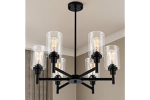 LIGHTDAMY Farmhouse Chandelier with Cylinder Clear Glass 6 Light Vintage Black Bedroom Kitchen Island Pendant Ceiling Lightin