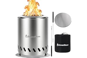 9.7 x 7.1 Inch Tabletop Fire Pit by AmazStove, Low Smoke Camping Stove for Outdoor Safe Burning Firepits, Fueled Pellets or Wood, Travel Bag Included (Silver, 9.7 x 7.1 INCH)