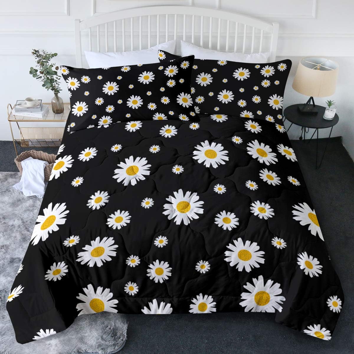 BlessLiving Daisy Comforter Set Trendy White & Yellow Spring Daisies