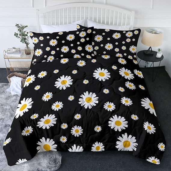 BlessLiving Daisy Comforter Set Trendy White & Yellow Spring Daisies Floral on Black Bedding Set