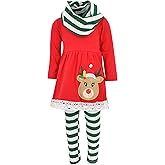 Unique Baby Girls Kids Toddler 3pc Outfit Set Long Sleeve Lace Trim Tunic Top Leggings and Scarf