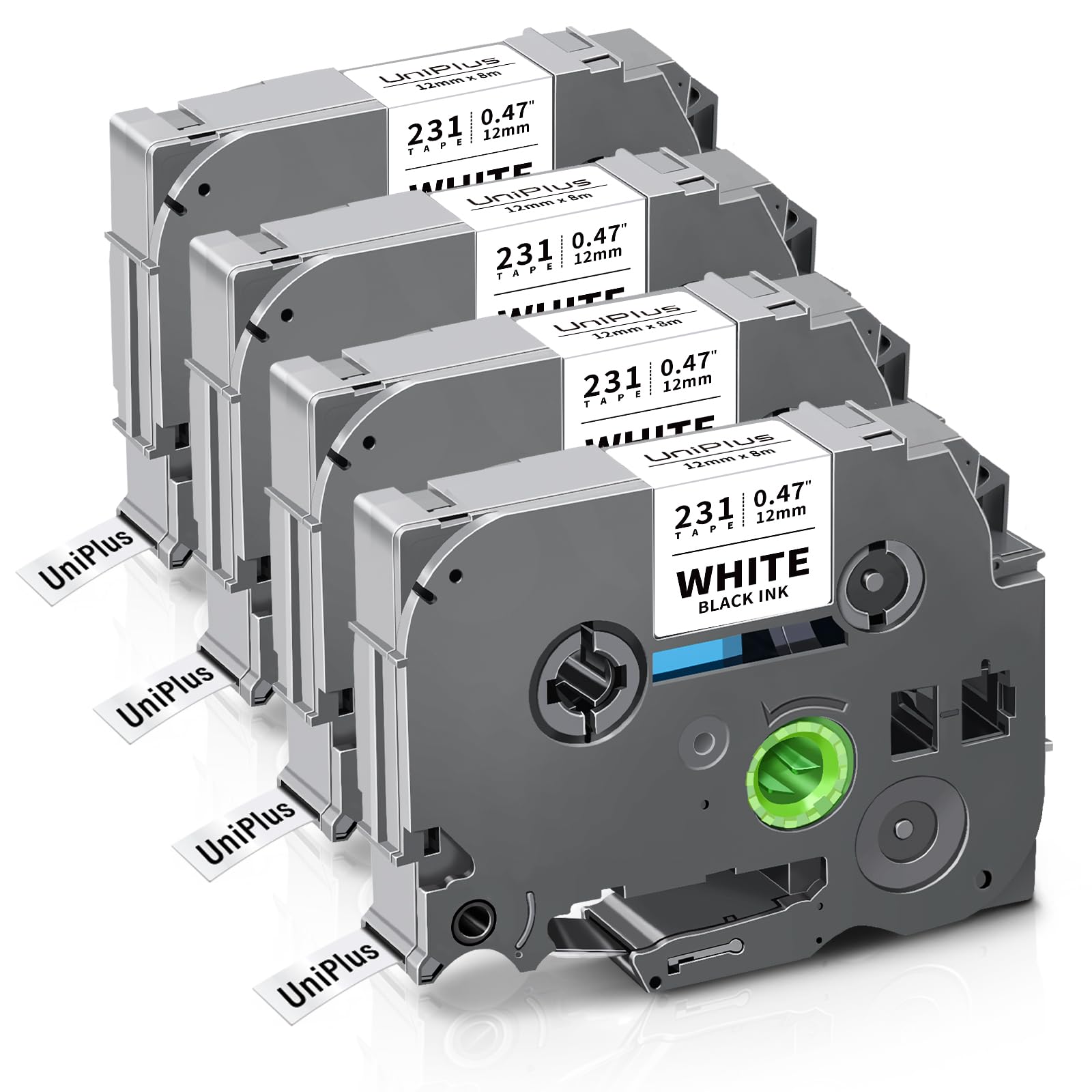 UniPlus Compatible TZe-231 Label Tape Replacement for Brother TZ Tape 12mm tze231 tz231 Black on White for Brother P-Touch PTH101C PTH110 PTH105 2030VP P750W E100 H101GB D210VP Label Maker, 4-Pack