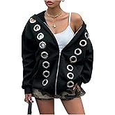 GORGLITTER Women's Oversized Zip Up Hoodie Y2k Grommet Goth Emo Sweatshirt Fall Grunge Streetwear Jacket 2025 Black Medium