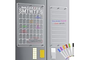 Yirilan Magnetic Acrylic Calendar for Fridge, Clear Set of 2 Dry Erase Board Calendars for Fridge Reusable Planner, Includes 6 Colors Markers, Pen Container, and Eraser (16"x12"＆16"x8"）