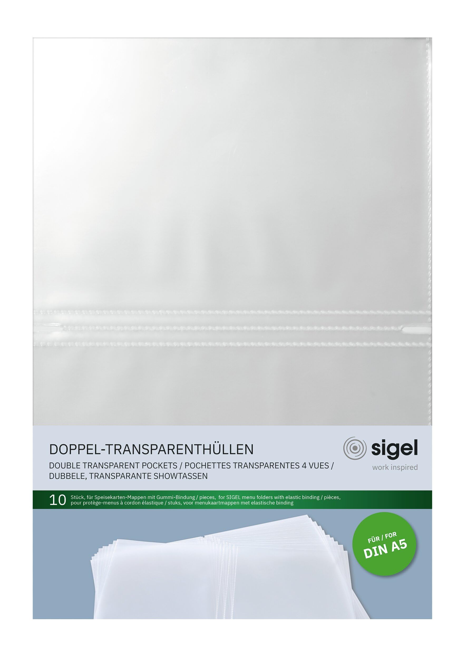 SIGEL SM181 Double Transparent Pockets, for menu cover with elastic binding, for A5, 10 Pieces