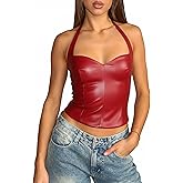 Coloquin Women Sexy Leather Top Sweetheart Neckline Halter Tops Backless Club Party Rave Going Out Tops
