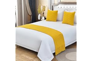 SUZEPER Cotton Knit Bed Runner,Knitted Throw Blanket with Tassel,Decorative Bedding Scarf Cover,Solid Color Woven Sofa Throw Bed Runner for Hotel Home Double Single King Size Bed(Pillow, Yellow)
