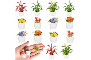 Skylety 14 Pcs Miniature Dollhouse Plants Accessories Mini Artificial Flowers Plants for Doll House Tiny Fake Greenery Bonsai Ornament Crafts for Toddlers Girl Boy(Vivid Style)