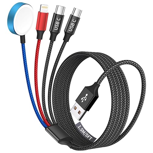 Dual Type-C 4 in 1 Charging Cable for Apple iWatch Charger, Travel Essentials Multi Charging Cable iPhone Charger Cord Compatible with iWatch Ultra/SE/10-1, iPhone16 15 14, Android-1Pc 5FT