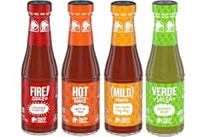 SNACKIVORE Taco Bell Sauce Variety 4 Pack. Taco Bell Mild Sauce, Taco Bell Hot Sauce, Taco Bell Fire Sauce, Taco Bell Salsa Verde Sauce. Taco Sauce.