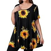 JollieLovin Women Plus Size Short Sleeve Summer Long Tunic Tops Loose Fit T-Shirt to Wear with Leggings(L-5X)