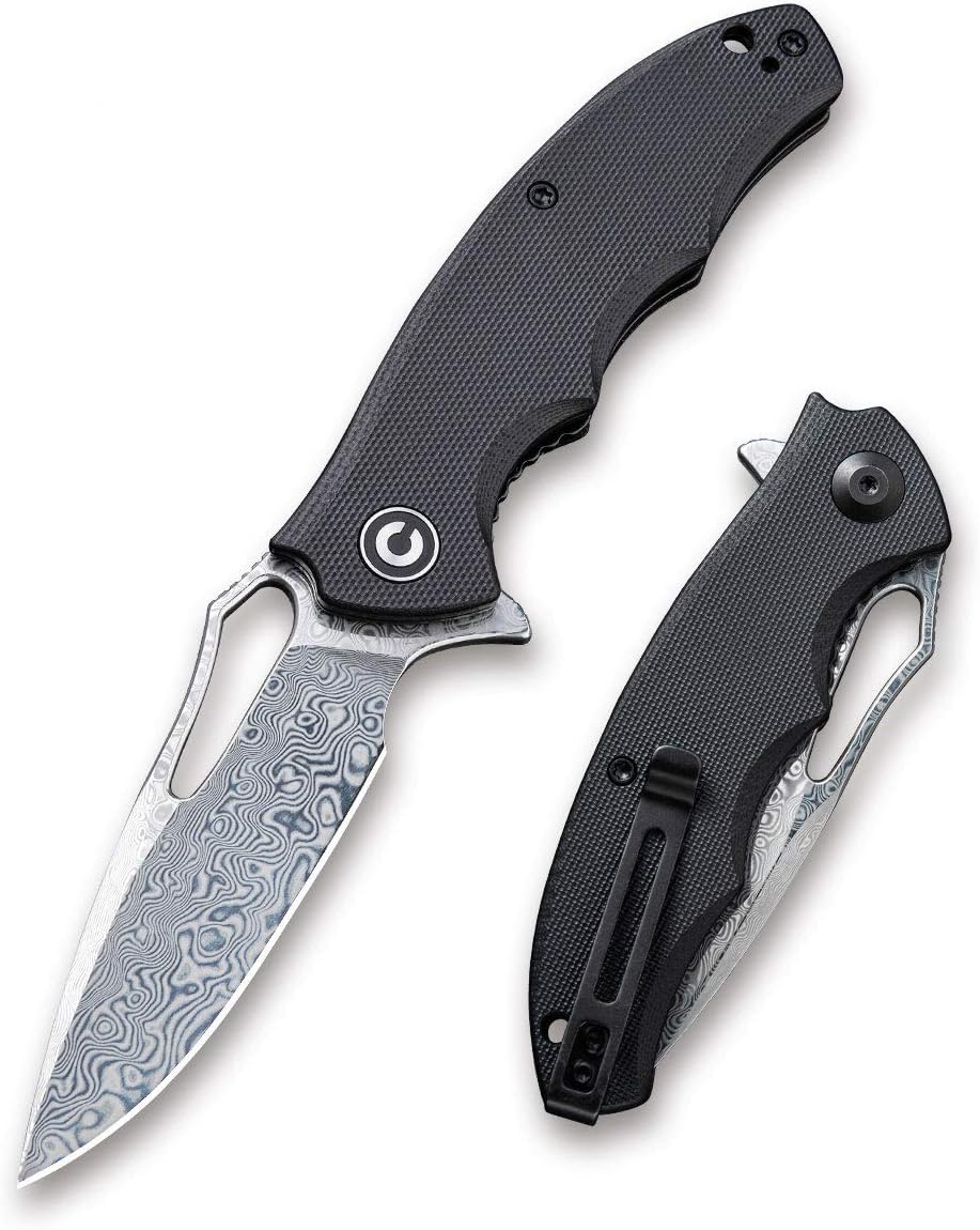 Civivi Damascus Pocket Knife - Camping Folding Knife with Black G-10 handles,Ball Bearing Pivot,Liner Lock EDC Knife for Men Reversible, Deep-Carry Pocketclip;2.80oz C910DS