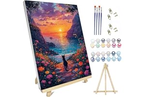HYZSJ Paint by Number for Adults Framed Canvas, DIY Sunset Arts and Crafts for Adults Beginner with Wooden Easel, Paint Brushes, Acrylic Paint Set for Home Wall Decor（Cat Seaside 11.8x15.7inch
