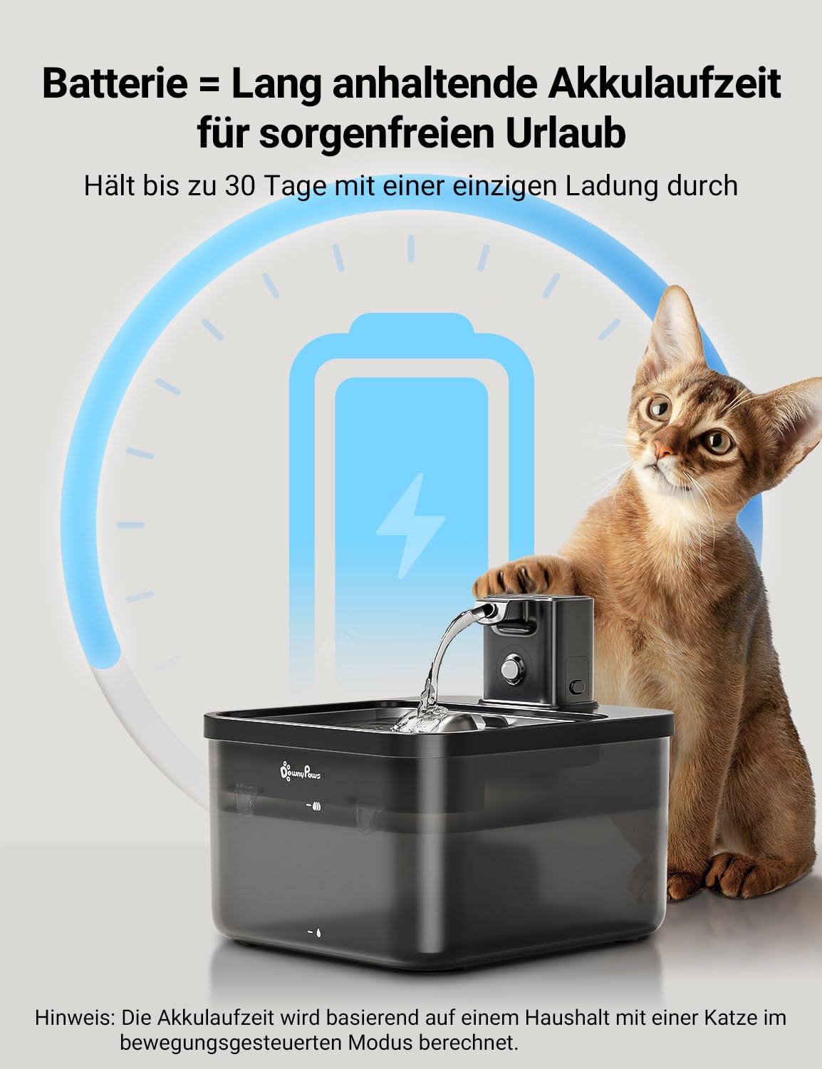 DownyPaws 2.5L Trinkbrunnen für Katze Kabellos, Katzenbrunnen Kabellos mit Bewegungsmelder, Batteriebetrieben Katzentrinkbrunnen, 4000mAh, Leise Wasserpumpe, Tablett aus Edelstahl für Katze, Schwarz 4