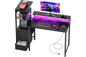 HLDIRECT 44 Inch Gaming Desk with Monitor Stand & Power Outlets, Computer Desk with Fabric Drawers and LED Lights, Office Des