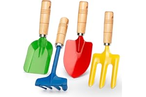 DILABNBA Metal Garden Tool Set with Scoop Leaf Rake Weed Fork Hoe Sand Toy for Kids Adults, Toddler Beach Sandbox Shovels Kit, Beach Garden Gear Accessories Gift for Outdoor Digging Treasure Hunt(4PCS)