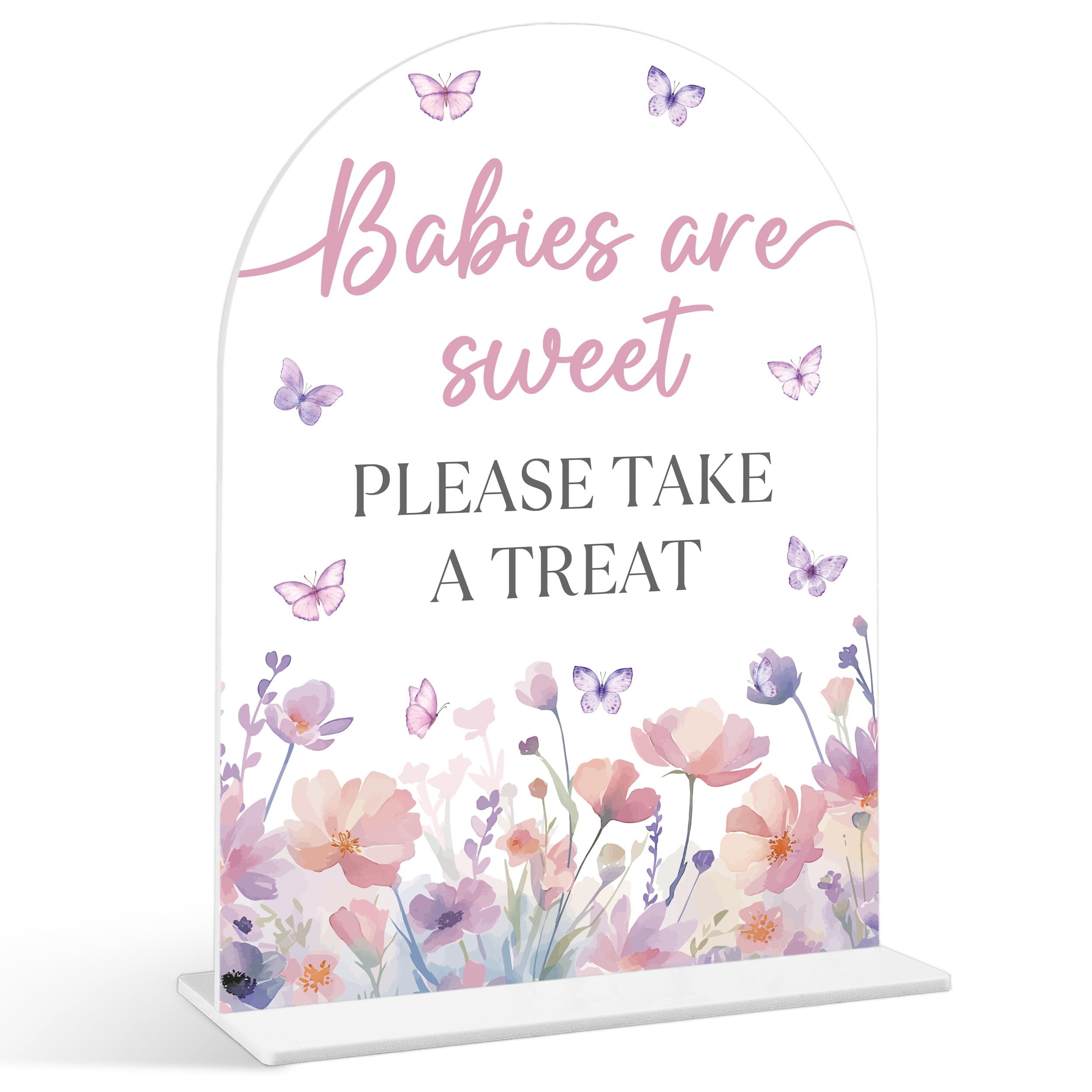 Photo 1 of Babies Are Sweet Please Take a Treat Sign - Butterfly Baby Shower Sign, 1 Pack Arch Acrylic Sign with Stand, Gender Reveal Party Table Decor, Purple Butterfly Baby Shower Supplies (SE08)