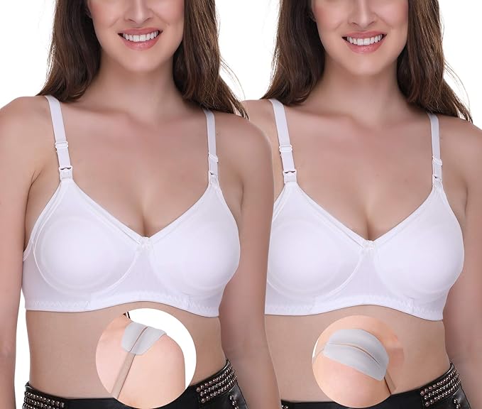 Women's Plus Size Breast Feeding Maternity Bra for Milk Feeding Elastic Straps with Shoulder Silicone Pad White Pack of 2