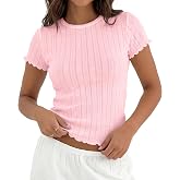 KIGRAD Womens Y2k Aesthetic Picot Crew Neck Pointelle Crop T Shirts Slim Clean Fit Lettuce Trim Short Sleeve Tee Tops