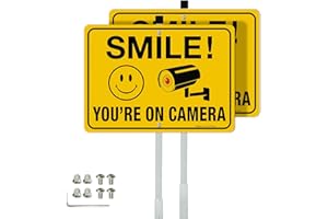 Faittoo Smile Your On Camera Signs with 36" Stake for Outside, 2-Pack 14"x10" Rust Free Heavy Aluminum, Reflective, Fade Resistant, 2 pre-drilled holes, Includes Matching Screws & Wrench