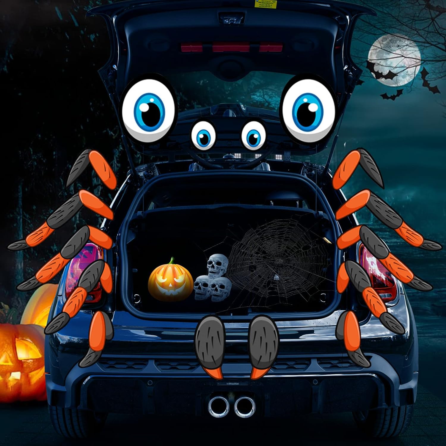 Garage Door Decorations - UPSINGK Halloween Spider Trunk or Treat Car Decoration, Treat Archway Garage Decoration with Eyes, Fangs, Ears, Wings and Double Side Stickers for Halloween Home Party Outdoor Decor