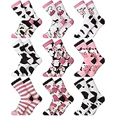 Ramede 9 Pairs Cow Socks Gifts for Women Animal Print Stuff Cute Cotton Crew Socks Funny Novelty Gifts for Cow Lovers Cartoon Casual Sock