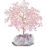 MASGEMES Natural Rose Quartz Gemstone Crystal Tree of Life, Amethyst Cluster Base,Feng Shui Decor Bonsai Money Tree,Healing Crystal Positive Energy Gift Size 5.5-6.3 Inches