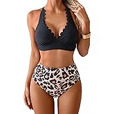 Aidonger Womens Bikini Set Tummy Control Ruched Two Piece Swimsuit Scalloped V Neck Criss Cross Tie Back Bathing Suit