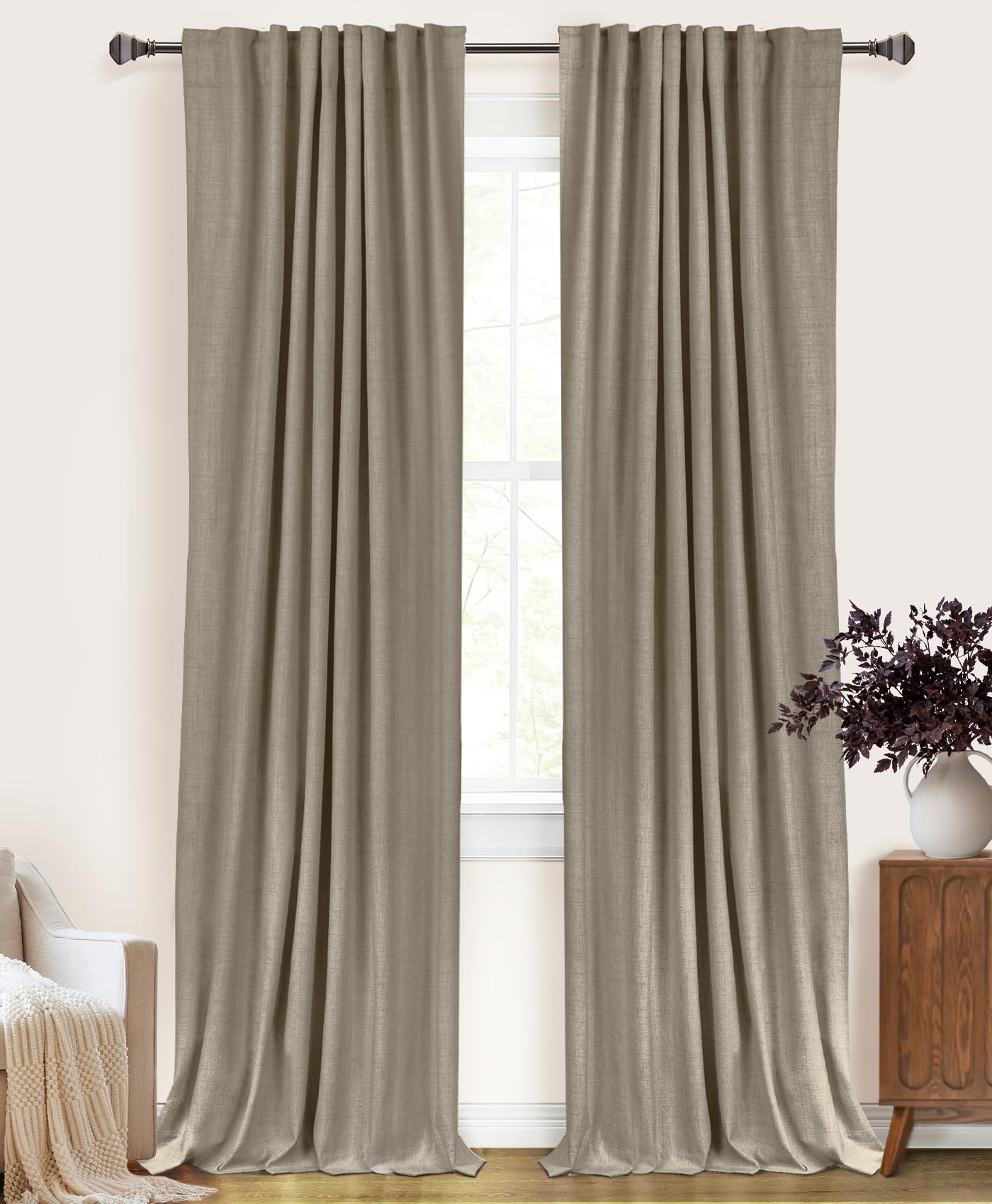 Photo 1 of 100% Blackout Shield Linen Blackout Curtains for Bedroom 84 Inches Long, Back Tab/Rod Pocket Living Room Drapes, Thermal Insulated Blackout Curtains 2 Panels Set, 50" W x 84" L, Faux Linen
