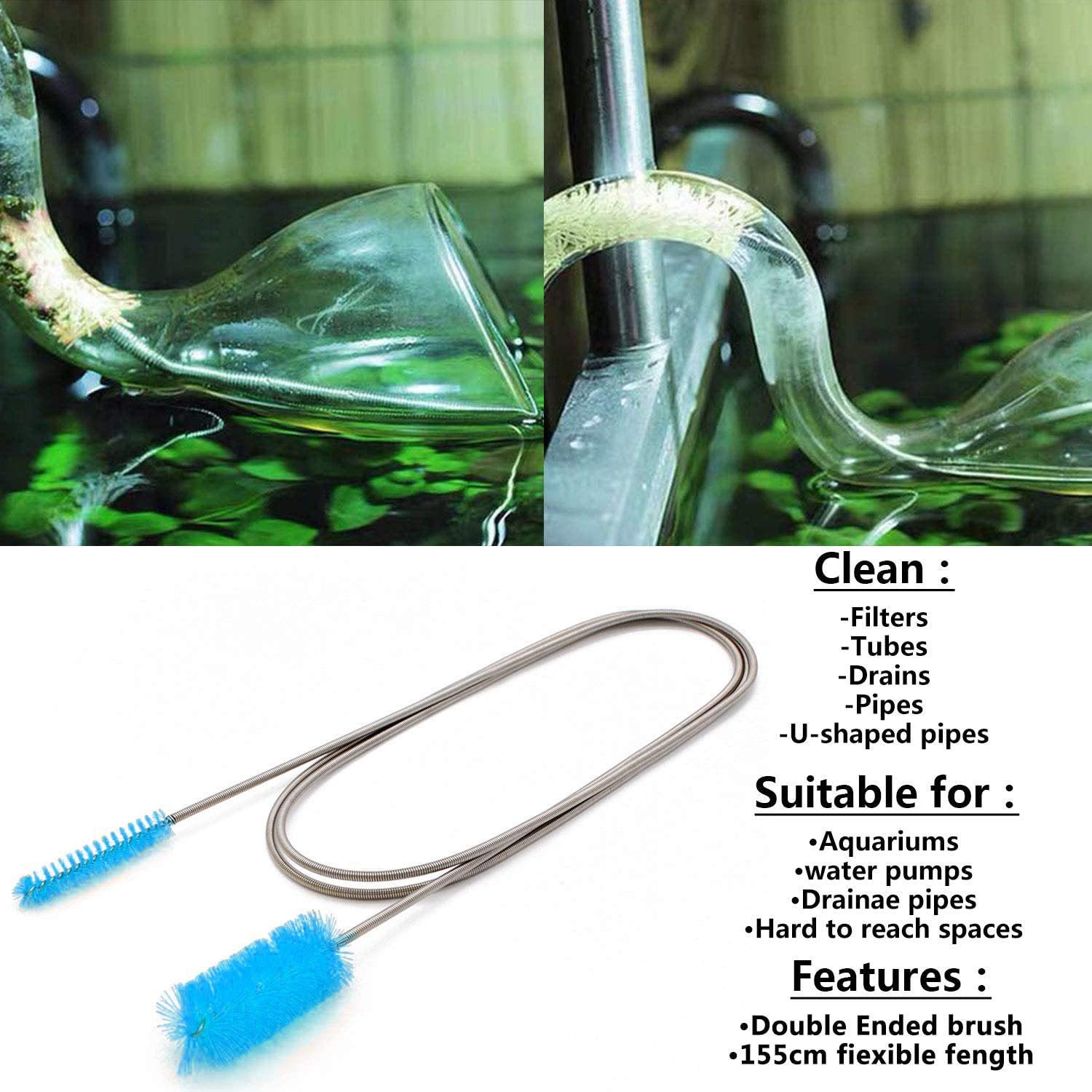 Flexible Drain Brush, Nylon Cleaner Double Ended Elastic Hose Pipe 67-inch and 2 PCS 8.2-inch Straw Cleaning Brush (Blue)