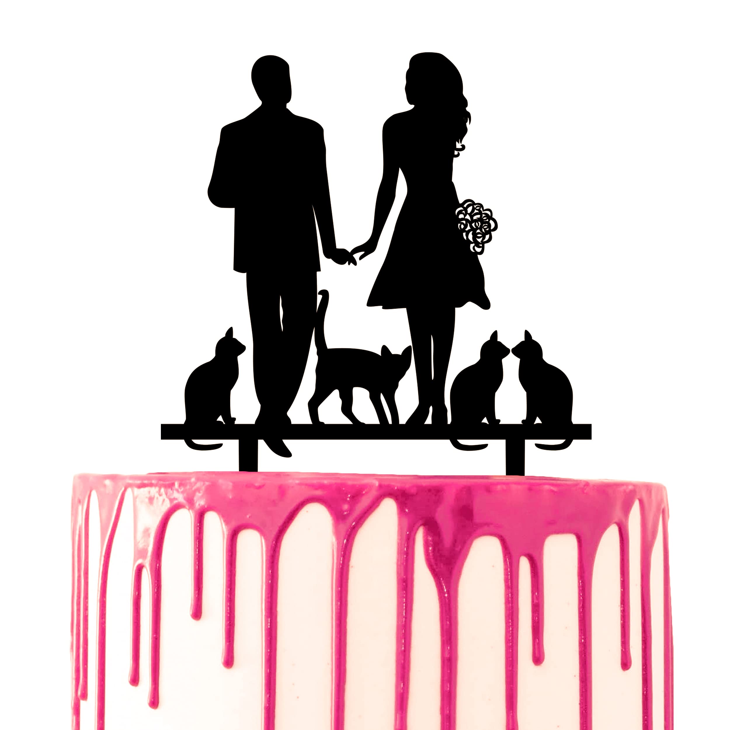 CARISPIBET Wedding Cake Topper Four Cats and Groom and Bride Holding Hands Party Cake Acrylic Silhouette Decoration