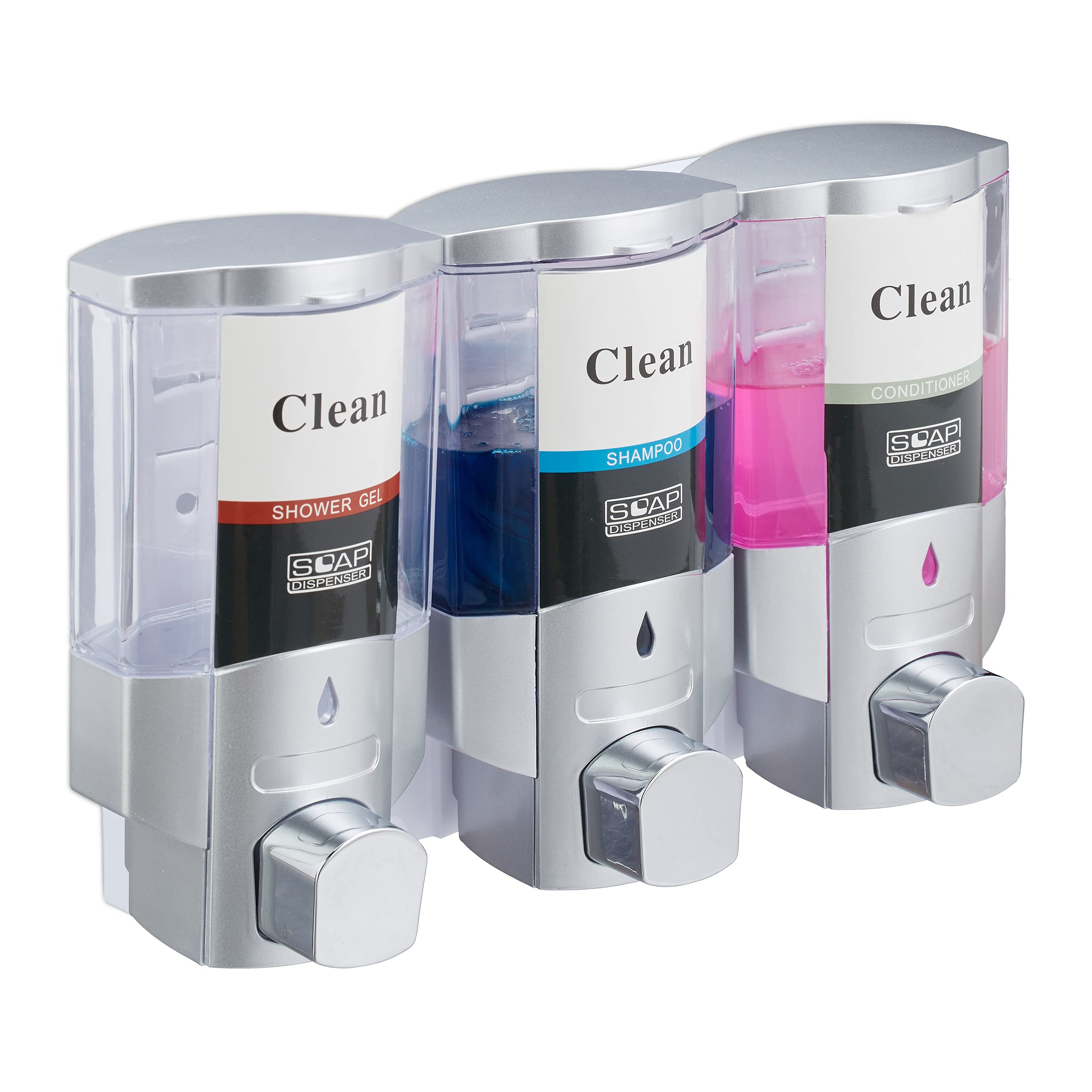 Relaxdays Soap, 3 Compartments, Wall Mounted, 300 ml Each, Hygienic Dispenser, Refillable, Bathroom, Hotel, Silver/Transparent, 80% 20% Plastic, 1 Item