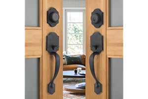 NeuType Front Door Handle Set Matte Black Double Door Handle Set with Dummy Heavy Duty Double Door Lock Set, with Single Cylinder Deadbolt and Lever Handle, Compatible with Right & Left Handed Doors