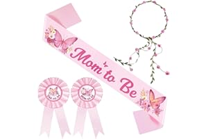 Crumisy Mom to Be Sash Dad to Be Pin Baby Shower Decorations for Girls, Butterfly Mommy to Be Sash for Baby Shower with flower crown for Pregnant Mommy Gift & Gender Reveal Decorations (Pink)