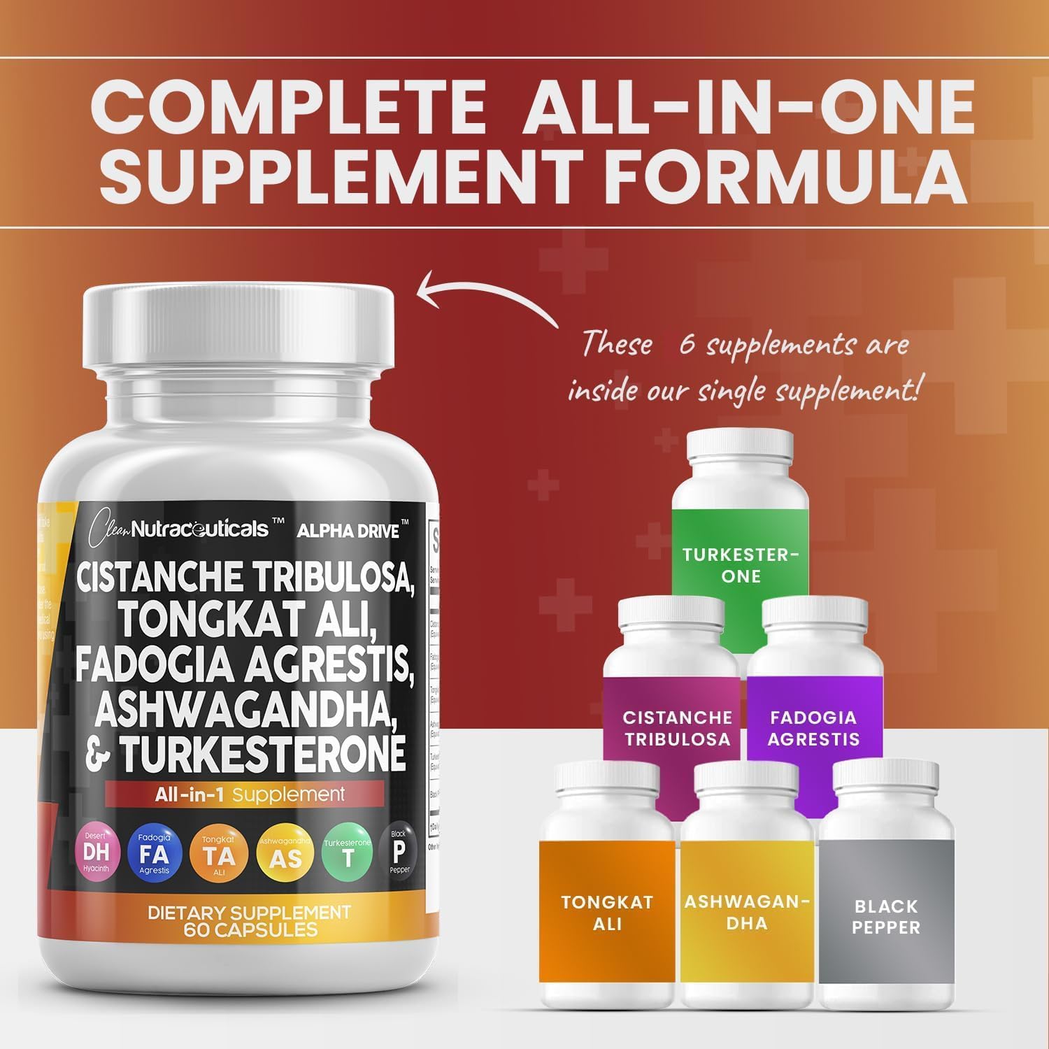 Clean Nutra Cistanche Tribulosa Fadogia Agrestis Tongkat Ali Turkesterone Pills Ashwagandha Capsules Supplement for Men - 60 Count