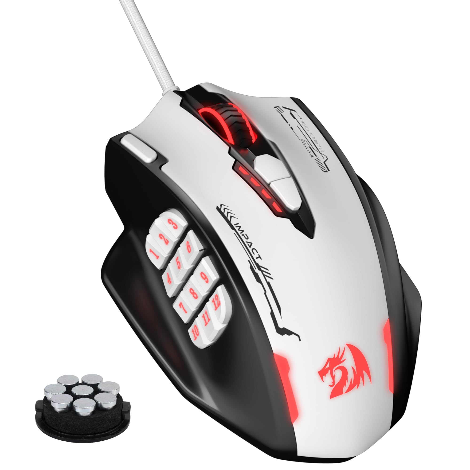 Redragon M908 Impact RGB MMO Gaming Mouse, Ratón óptico ergonómico con cable con máximo 24.000 DPI, alta precisión, 18 atajos macro programables, agarre cómodo, blanco y negro