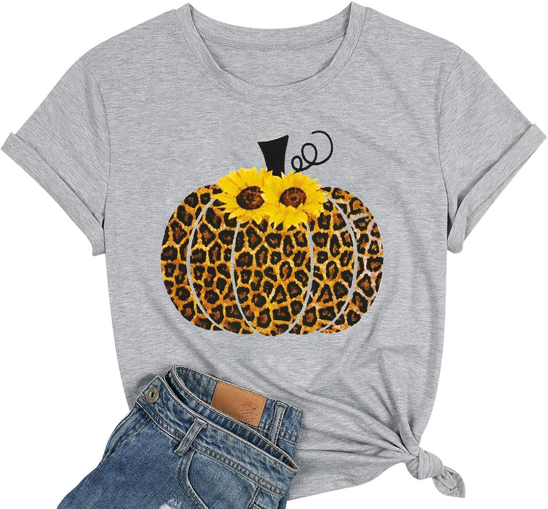 SFHFY Leopard Pumpkin Tshirt Women Halloween Thanksgiving Tops Shirts Casual Fall Graphic Print T-Shirt