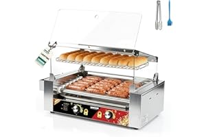 WantJoin Commercial Hot Dog Roller Grill with Bun Warmer, 7 Rollers 18 HotDog Capacity, 1050W Countertop Roller Machine with 