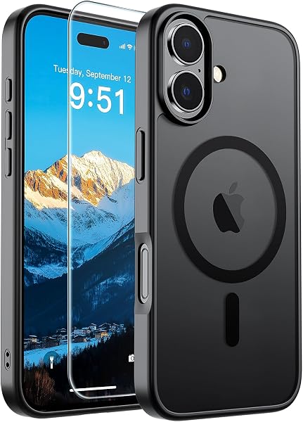 SUPFINE Magnetic for iPhone 17 Case Black with Screen Protector | Translucent Matte Phone Cover, Compatible with MagSafe, Mil