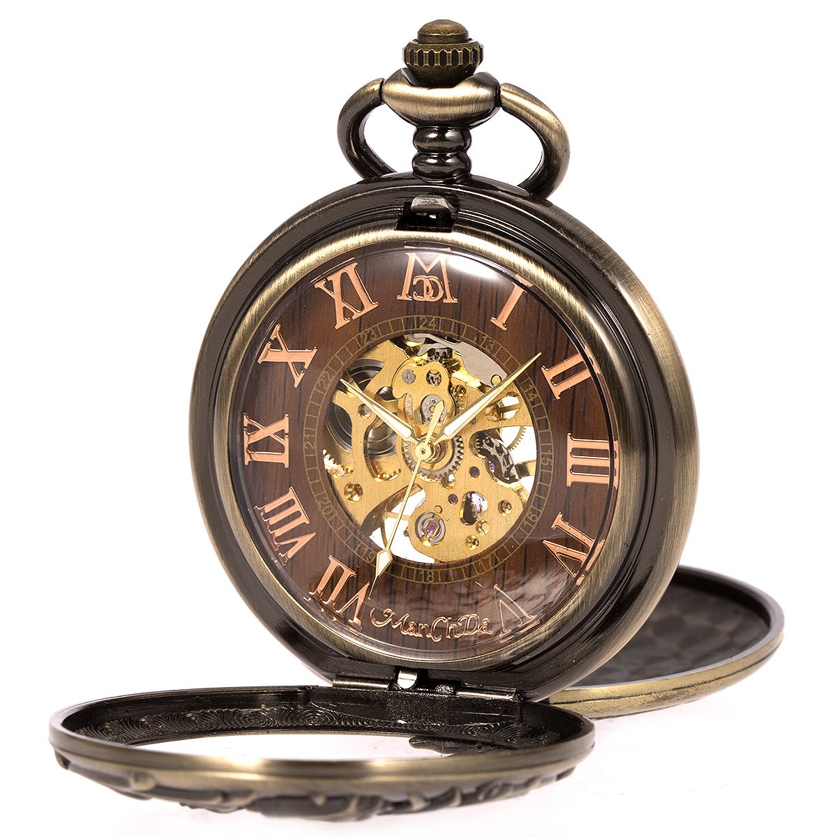 ManChDa Mens Skeleton Mechanical Pocket Watch Bronze Dragon Hollow Double Hunter Roman Numerals Dial with Chain and Gift Box