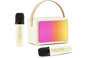 Giecy Karaoke Machine for Kids, Mini Portable Bluetooth Karaoke Speaker with 2 Wireless Mics and Colorful Lights for Kids Adults, Gifts Toys for Girls Boys Family Home Party (Beige)