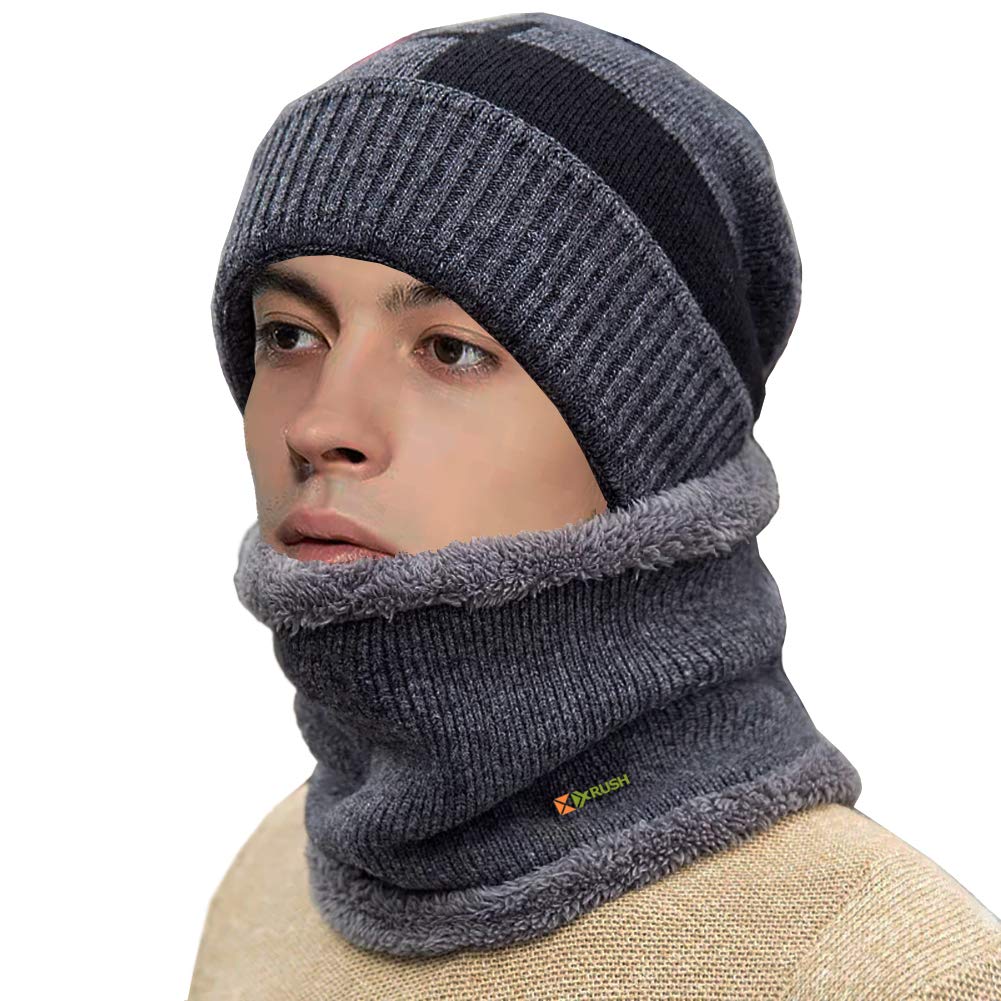 Winter Beanie Hat Scarf Set Thick Soft Lightweight Knit Skull Cap Men Women Nap Cloth Ski Outdoor Sports (Gray&Balck)