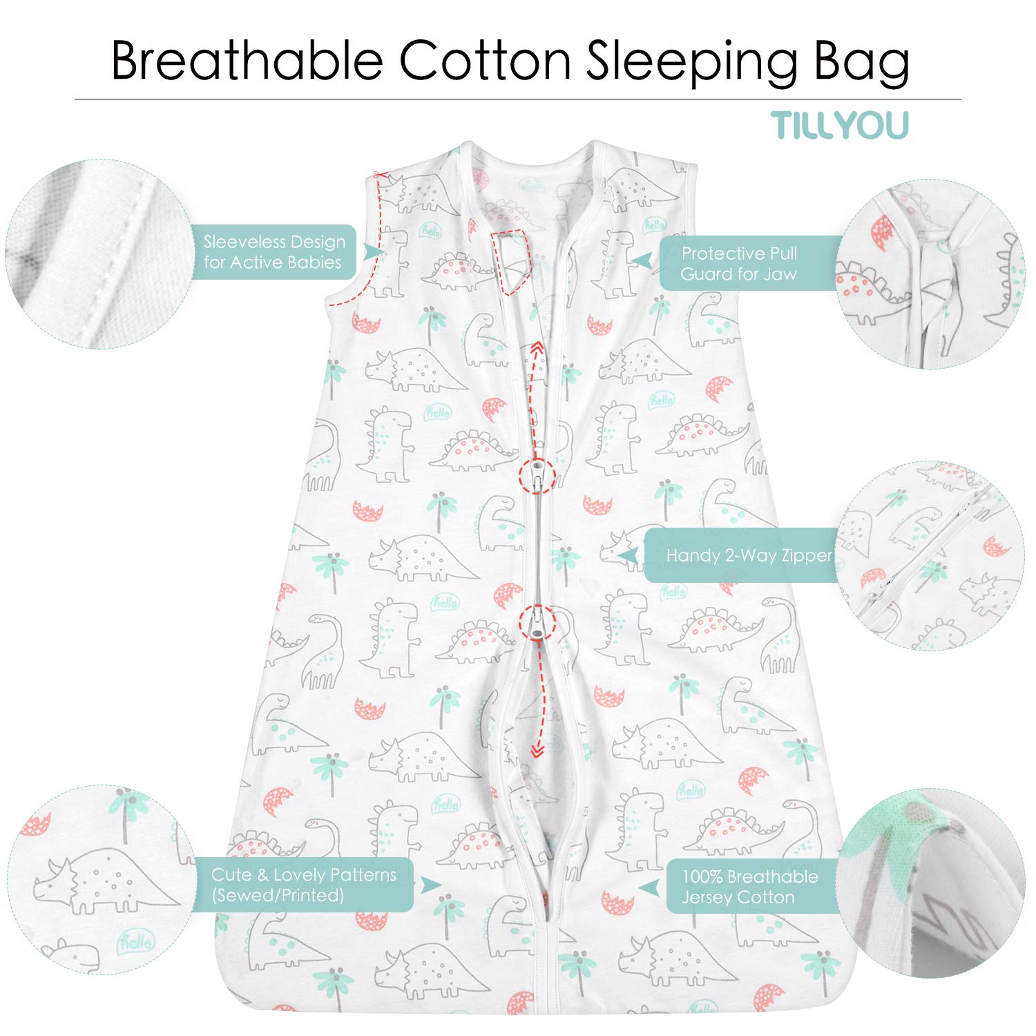 TILLYOU Medium M Breathable Cotton Baby Wearable Blanket with 2-Way Zipper, Super Soft Lightweight 2-Pack Sleeveless Sleep Bag Sack Clothes for Boys, Fits Babies Age 6-12 Months, Woodland Dinosaurs: Baby